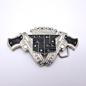 Western‎ Outlaw Style Belt Buckle Crossed Revolvers Silver Tone Black Enamel